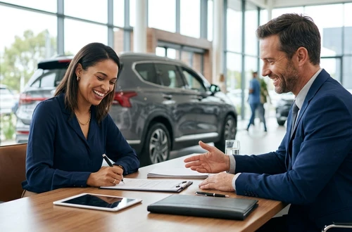 DriveWise lending specialist reviewing a car loan application with a client in a bright modern office